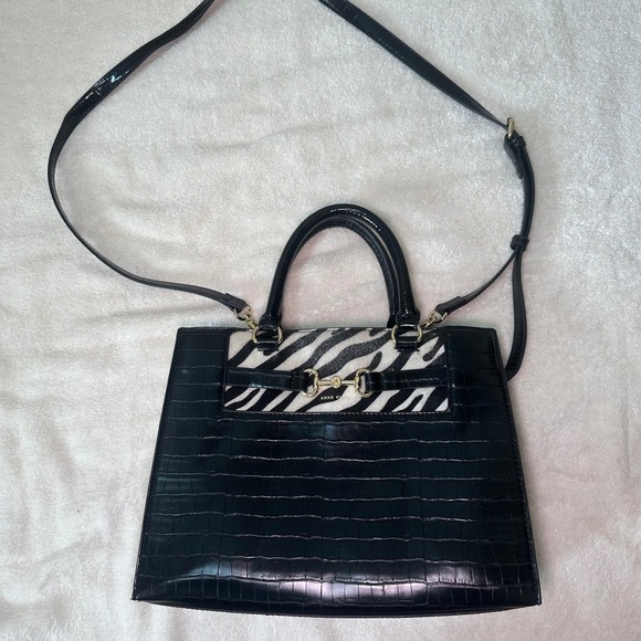 Anne Klein Handbags - Anne Klein Black Crocodile Embossed Satchel Bag Zebra Print Accent Gold Hardware